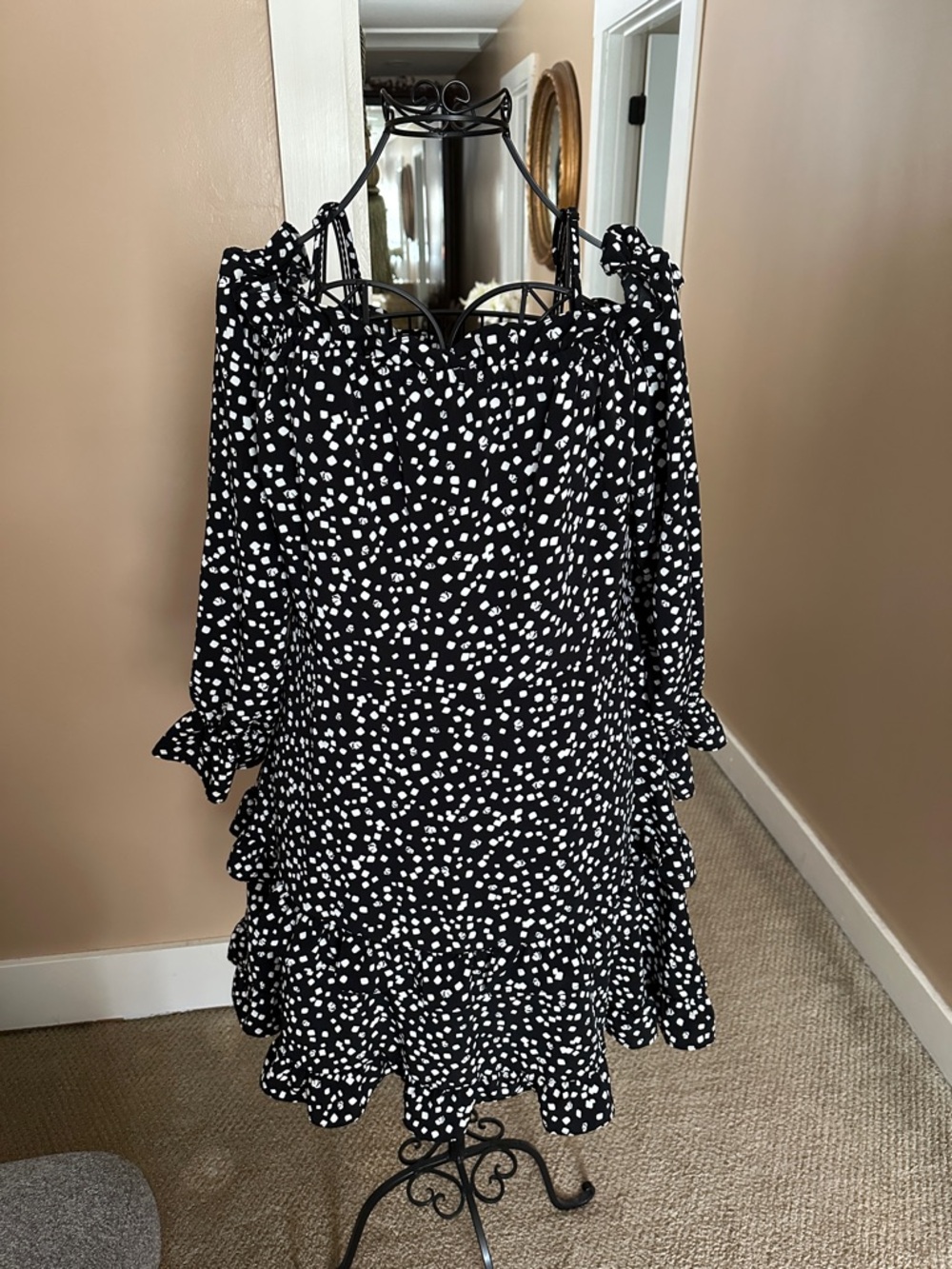 Karl Lagerfeld Black and White Polka Dot Long-Sleeve Ruffle Dress